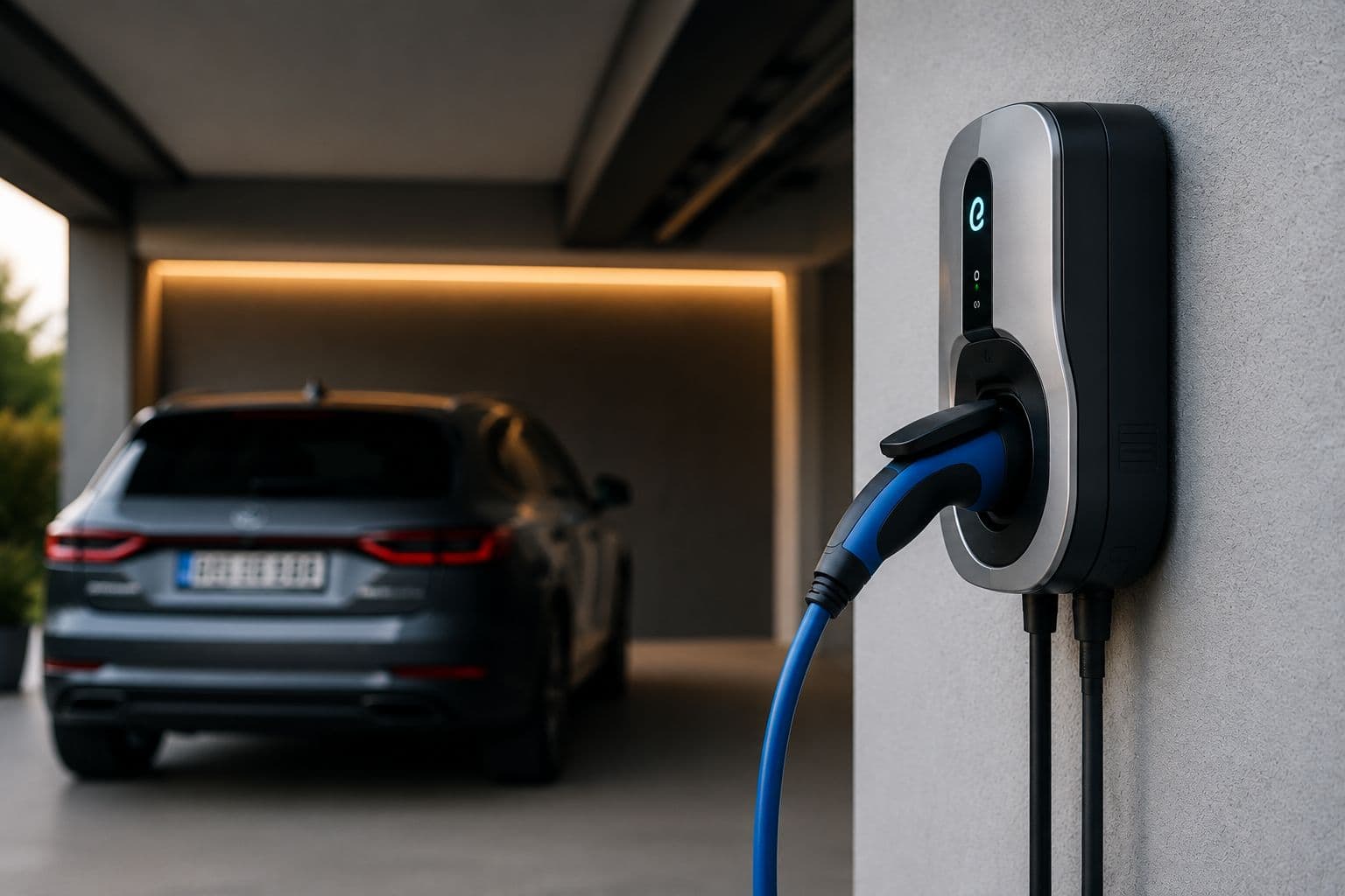 Wallbox lädt ein Elektroauto in der Garage