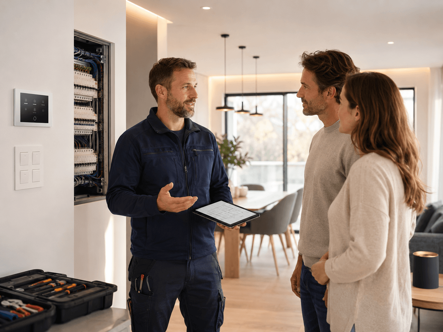 Elbtec Elektriker berät ein Paar in modernem Wohnraum neben Verteiler und Smart-Home-Panel